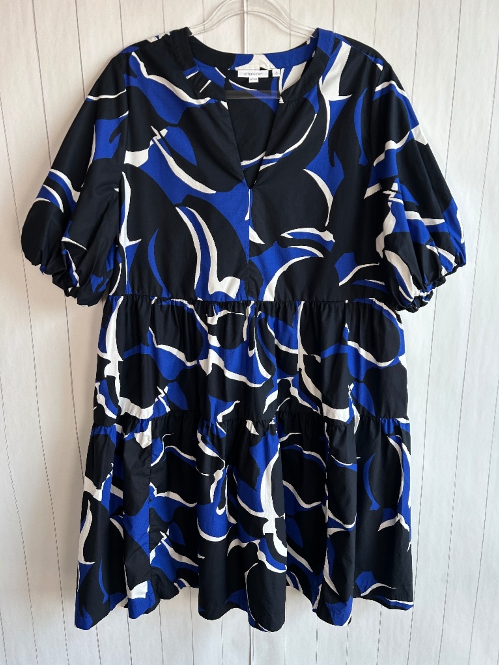Chicos size 2 12 cotton poplin tiered dress black blue abstract puff sleeeve